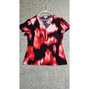 Calvin Klein Womens Black And Red Abstract Print V-Neck Blouse Top Size Large